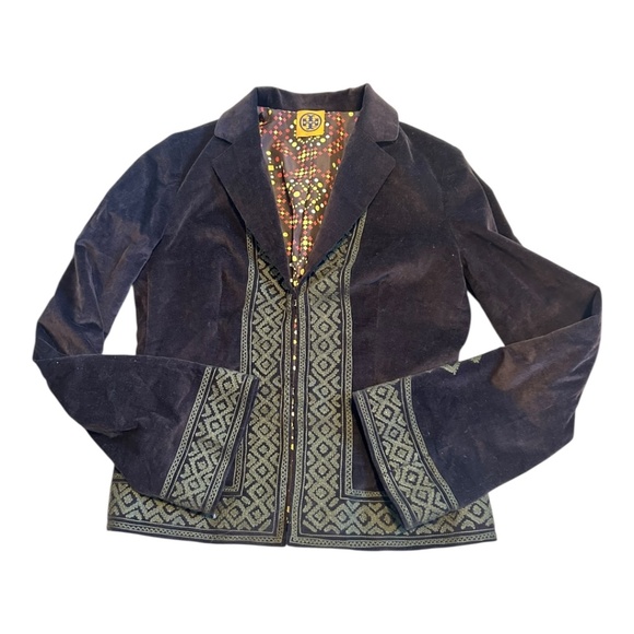 Tory Burch Velvet Embroidered Chocolate & Sage Blazer Jacket Women's Size 0 XS - Picture 1 of 4